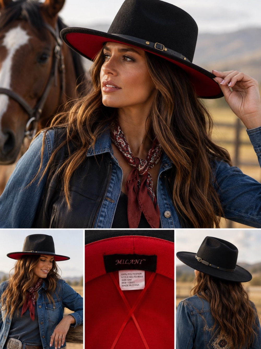 Milani Black Wide-Brim rancher, fedora hat red interior
Faux felt
BoHo western